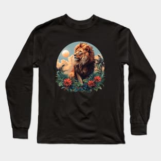 A Proud Lion Relaxes in the Evening Red Flowers In The Jungle The King of the Jungle Lion Long Sleeve T-Shirt